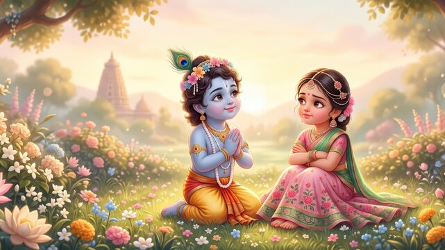 Premium Chibi Radha Krishna Children's Illustration