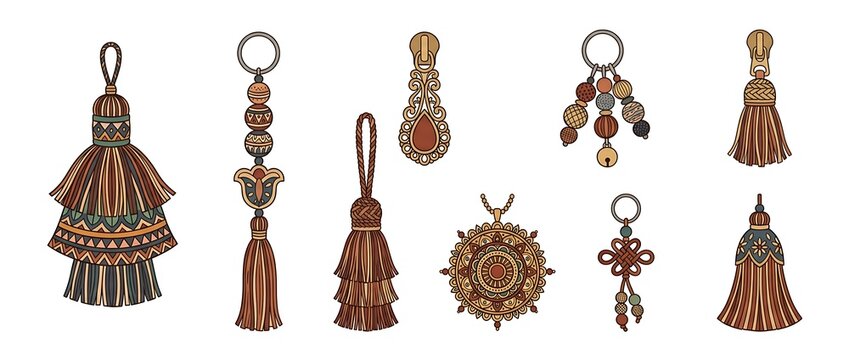 Decorative bohemian key fob vector collection with tassels and beads