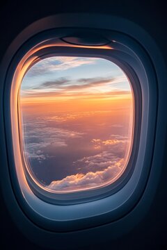 Airplane window view showcasing a breathtaking sunset over the clouds, with vibrant orange and purple hues illuminating the sky, creating a serene travel atmosphere