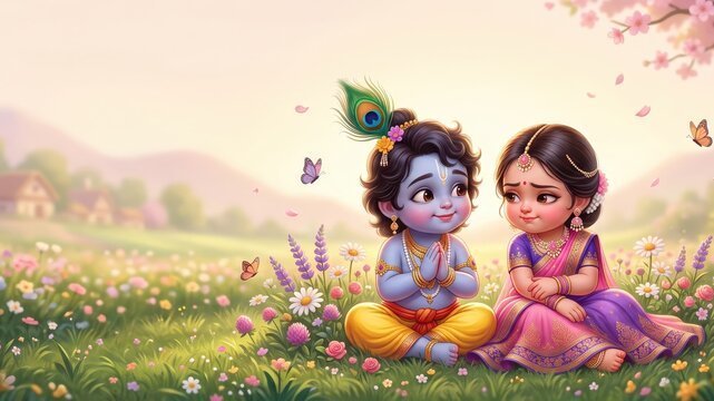 Little Krishna Asking Forgiveness from Radha Cute Illustration