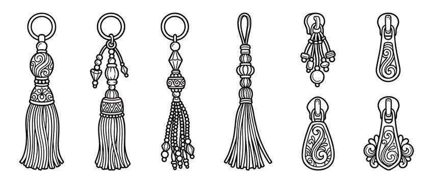 Ornamental tassels and decorative key fob vector set in line art