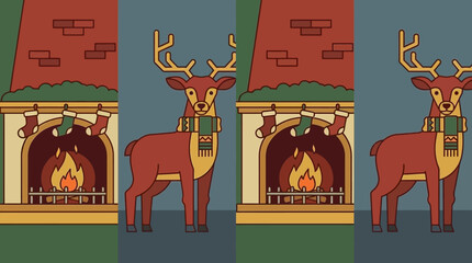 A cute cartoon reindeer wearing a cozy scarf near a warm fireplace © tria