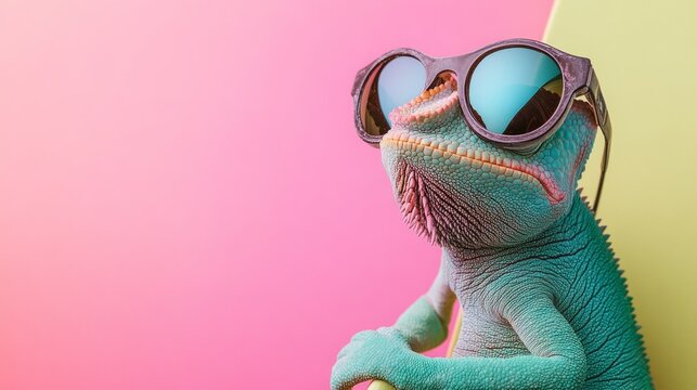 Colorful chameleon wearing stylish sunglasses poses confidently against a vibrant pink and green backdrop, showcasing a playful and whimsical atmosphere in a fun and creative setting