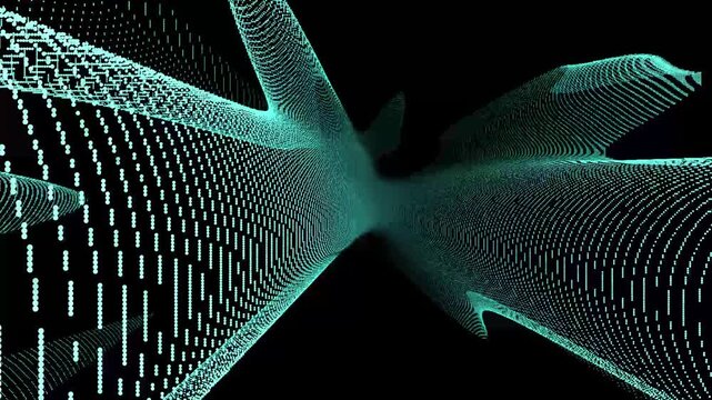 Dot-grid skyscrapers upward view wave lines background animation