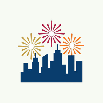 Minimalist vector illustration of colorful fireworks exploding over a blue city skyline