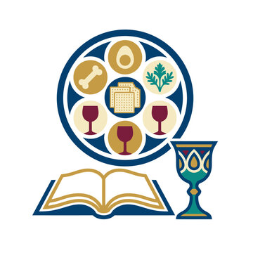 Vector illustration of Jewish Passover Seder plate, Haggadah book and Kiddush cup