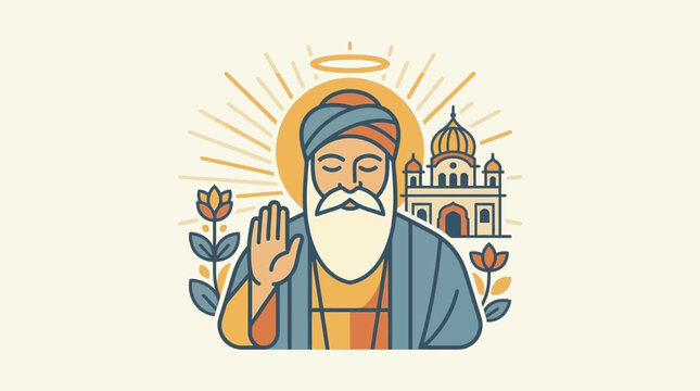 Vibrant illustration of a Sikh guru giving blessings near a gurdwara