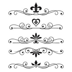 Five decorative black dividers with fleur de lis heart and floral accents, featuring intricate swirls and subtle leaf details. © KHUKUMONI