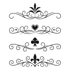 Variety of decorative vector graphic ornaments and page dividers with elegant flourish filigree swirls, playing card symbols, and fleur de lis designs. © KHUKUMONI