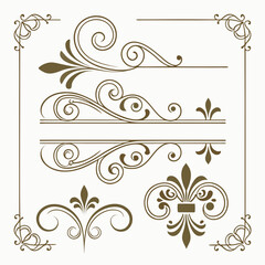Fleur de lis ornaments and decorative scroll dividers in vintage style for formal invitation designs or book page decorations featuring elegant brown filigree flourishes and swirl border set. © KHUKUMONI