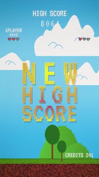 Vertical platformer arcade screen with pixel New High Score text over a sunny blue sky, fluffy clouds and grassy hills, retro gaming look for mobile app marketing