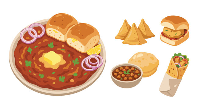Indian street food heavy Collection pav bhaji vegetable mash, chole bhure chickpea, vada pav potato fritter, samosa fried pastry, kathi roll wrap.