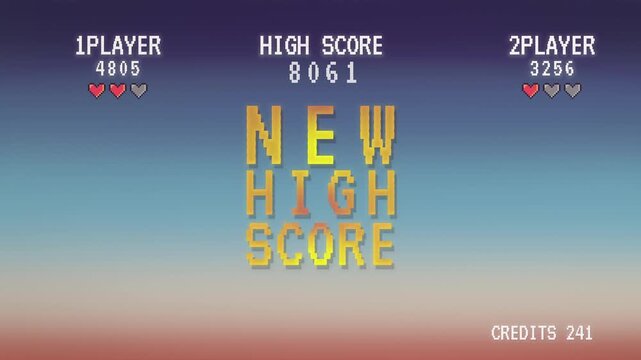 Horizontal retro arcade screen with pixel New High Score text and hearts on a warm sunset gradient, minimal nostalgic gaming style for trailers and tech promos