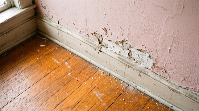 Damaged plaster wall showing signs of rising damp and peeling paint above wooden floorboards indicating moisture issues and property maintenance requirements