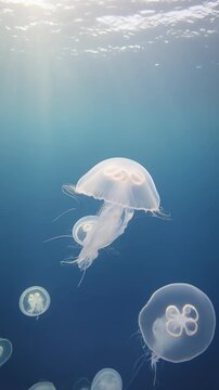 A glowing translucent jellyfish floats through deep blue water as soft light filters from above. Perfect for wellness reels, science content and meditative aquarium media.
