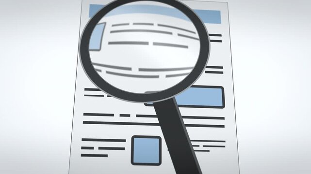 Magnifying glass focuses on a document with an approval checkmark in horizontal layout. Essential for compliance videos, verification and corporate authentication content.