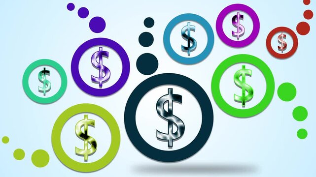 Colorful dollar signs inside circles background animation, Modern abstract finance concept for money savings investment and business themes