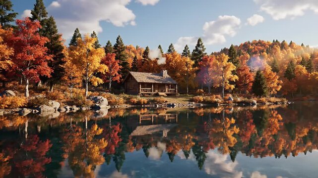 A serene autumn lakeside scene with a rustic log cabin nestled amongst vibrant fall foliage