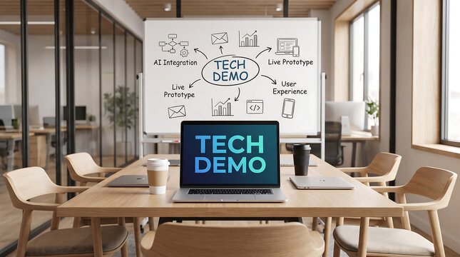 Laptop showing tech demo on screen in a modern office meeting room with whiteboard sketches presentation business workspace software development innovation