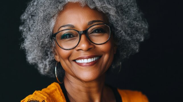 Smiling African American woman with gray curly hair and glasses, wearing a vibrant yellow top, radiating warmth and confidence in a close-up portrait against a dark background
