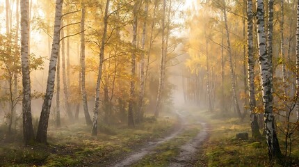Obraz premium Sunlit forest path winding through autumn trees with misty morning atmosphere