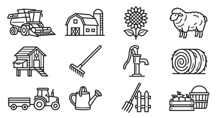 Farm Icons: Combine Harvester, Barn, Sunflower, Sheep, Chicken Coop, Rake, Water Pump, Hay Bale © Sugar