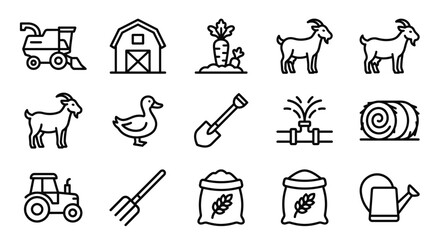 Farm Icons Set: Tractor, Combine, Barn, Animals, Crops, Tools © Sugar