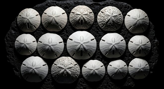 Natural white Sand dollar shell collection on dark textured rock
