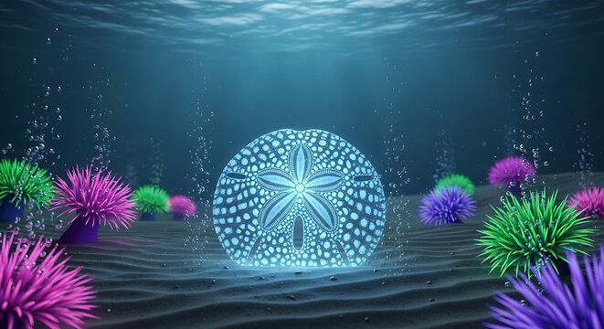Bioluminescent Sand dollar shell on a vibrant deep sea floor