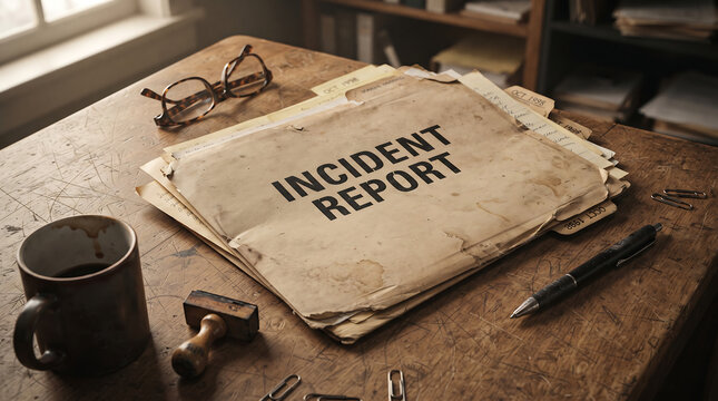 Old incident report document lying on cluttered wooden office table with black coffee mug and reading glasses suggesting mystery investigation or historical archive.