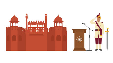 Red Fort and Indian Guard Saluting at Podium. © smankamnis