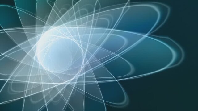 Abstract science background with glowing blue rotating atomic orbital lines