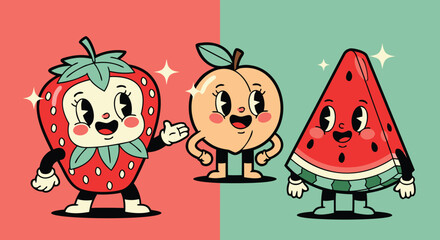 Fototapeta premium Cute Retro Fruit Cartoon Character Vector Illustration Design Featuring Strawberry Peach And Watermelon Friends For Creative Graphics