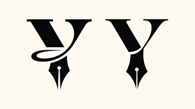 Letter Y with decorative flourish and plain fountain pen nib combination.