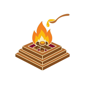 Illustration of a traditional Hindu havan kund fire ritual with ghee