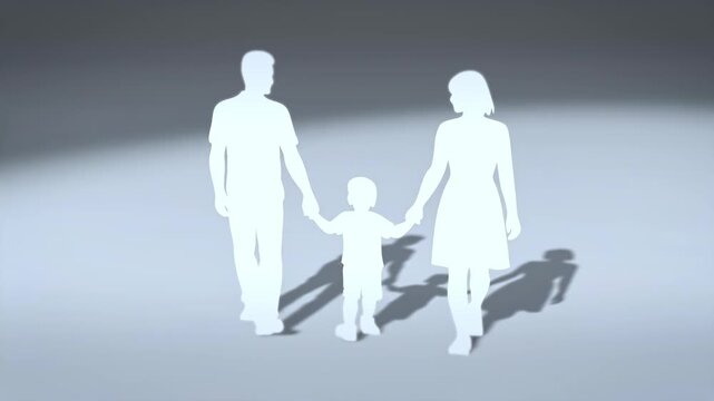 Papercut silhouette of a family of three holding hands and walking in a soft spotlight, a minimalist 3D animation for insurance, parenting and community marketing campaigns