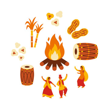 Vector illustration of Lohri festival elements with bonfire and dancers