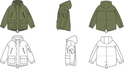 Fashion technical sketch of a hooded winter parka jacket in front side and back views © MdAminur