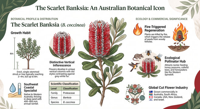 Educational infographic exploring Banksia coccinea, the scarlet banksia, its botany, pollination, habitat, cultivation and conservation.