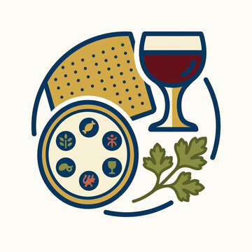 Stylized illustration of traditional Passover seder plate elements with matzah and wine