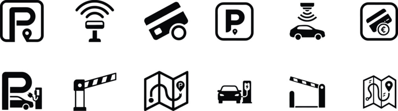 Set of smart parking and charging station related flat vector icons with transparent background.