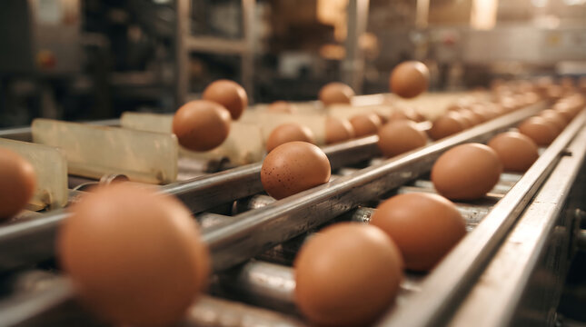 Industrial egg production line showing brown fresh eggs moving on conveyor belt inside modern poultry factory with selective focus on organic food processing technology.