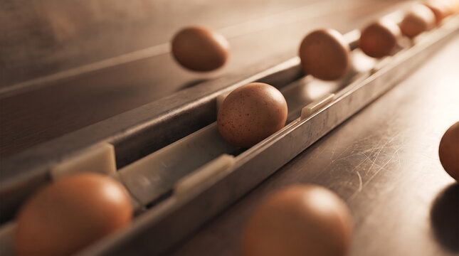 Raw brown chicken eggs moving along industrial conveyor belt in food processing factory automated agriculture production line conveyor production industrial industry