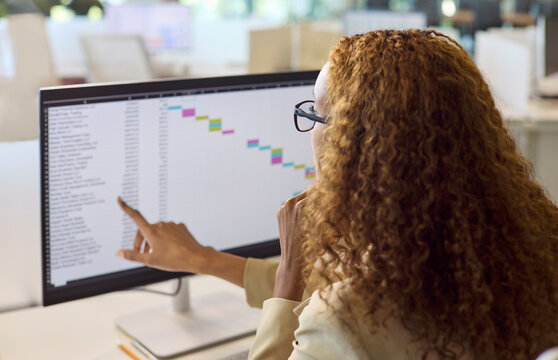 Accountant analyst businesswoman at computer in office. Pointing at a spreadsheet timeline while reviewing data and analysis for a report and finance tasks. Concept finance analysis and planning.
