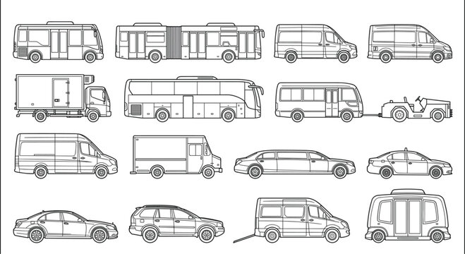 Vector line drawings of diverse vehicles including buses, vans, trucks, cars, SUVs, and autonomous shuttles