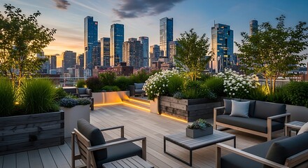 Fototapeta premium Modern Rooftop Terrace Overlooking Illuminated City Skyline at Sunset