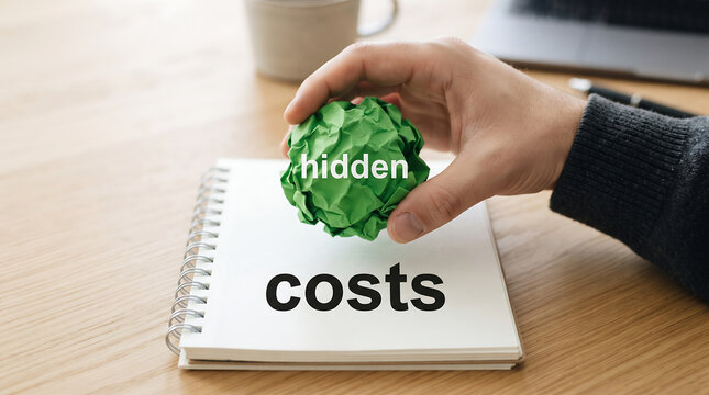 Close up shot of man hand holding green crumpled paper ball with word hidden over notebook with text costs representing financial concept of unexpected expenses today.