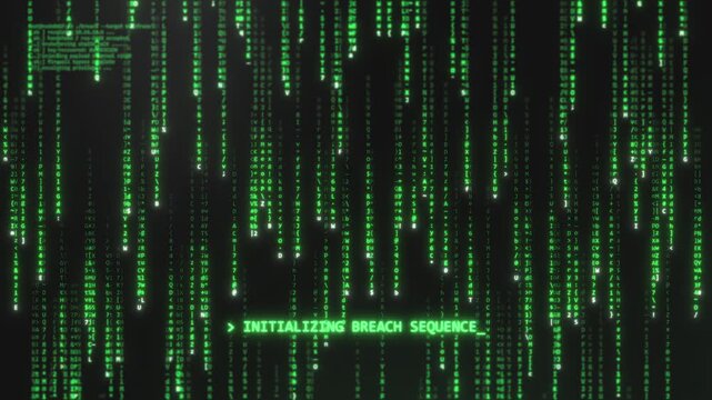Matrix style falling code with ACCESS GRANTED and breach sequence initializing text glowing over cascading characters, cinematic backdrop for cyber and hacking content