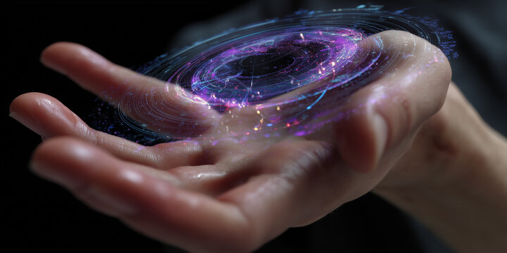  Hand projects rotating signal layers visualizing AI inference and logic chains.
