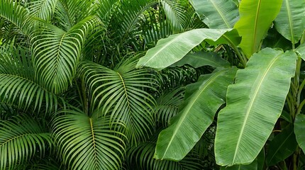 Fototapeta premium Lush tropical greenery with palm and banana leaves in dense forest setting